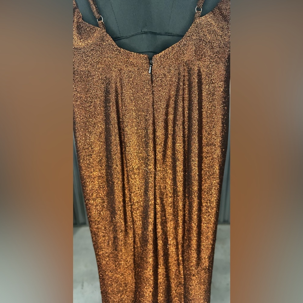 Women’s Jules & Cleo Design Nylon Metallic Spandex Orange Formal Maxi Slit Dress - Picture 5 of 9